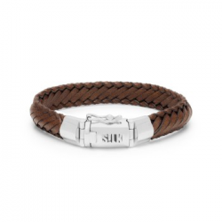 SILK ARMBAND FANTASIE LEER MET ZILVEREN BAKSLOT  760BRN - 258732