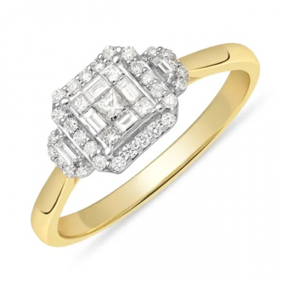 GEELGOUDEN ROZET RING MET 41 BRILJANTEN 0.33 CRT  BAQUETTE EN PRINCES GF2038 - 259044