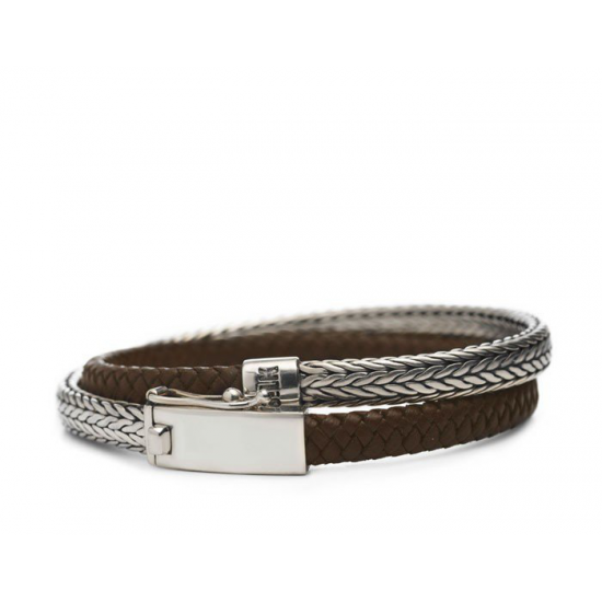 SILK ZILVEREN MET LEREN ARMBAND MET BAKLSOT SHIVA BROWN 344-21BROWN - 42881